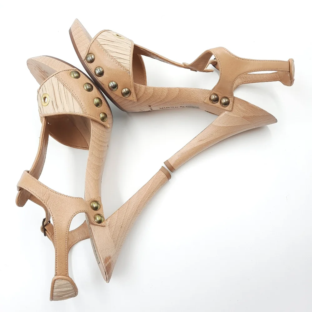 Manolo Blahnik Y2K Wood Platform Sandal Heel Bohemian Coquette 70s Tan 37 EU - Picture 8 of 14